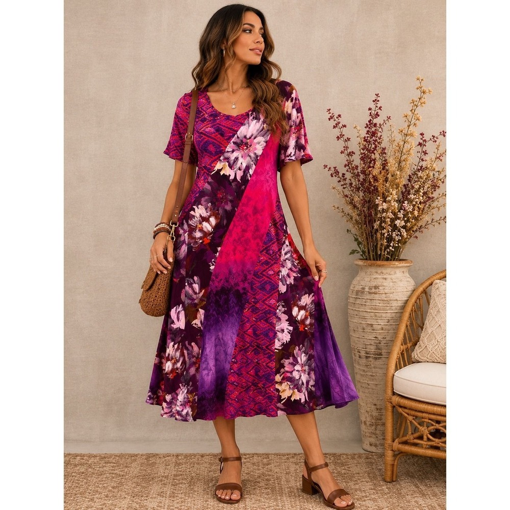 L 60 Soft Surroundings Mixed Print Midi Dress | Floral Boho Artsy Purple Pink